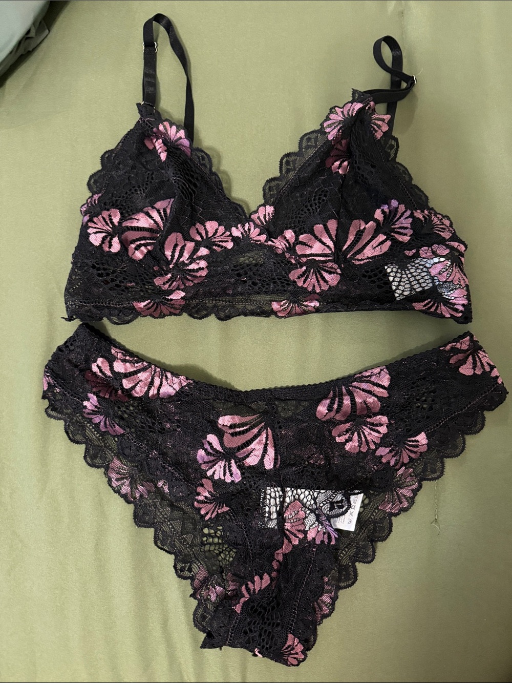 Lace Bralette Set - Black with Pink Floral Embroidery